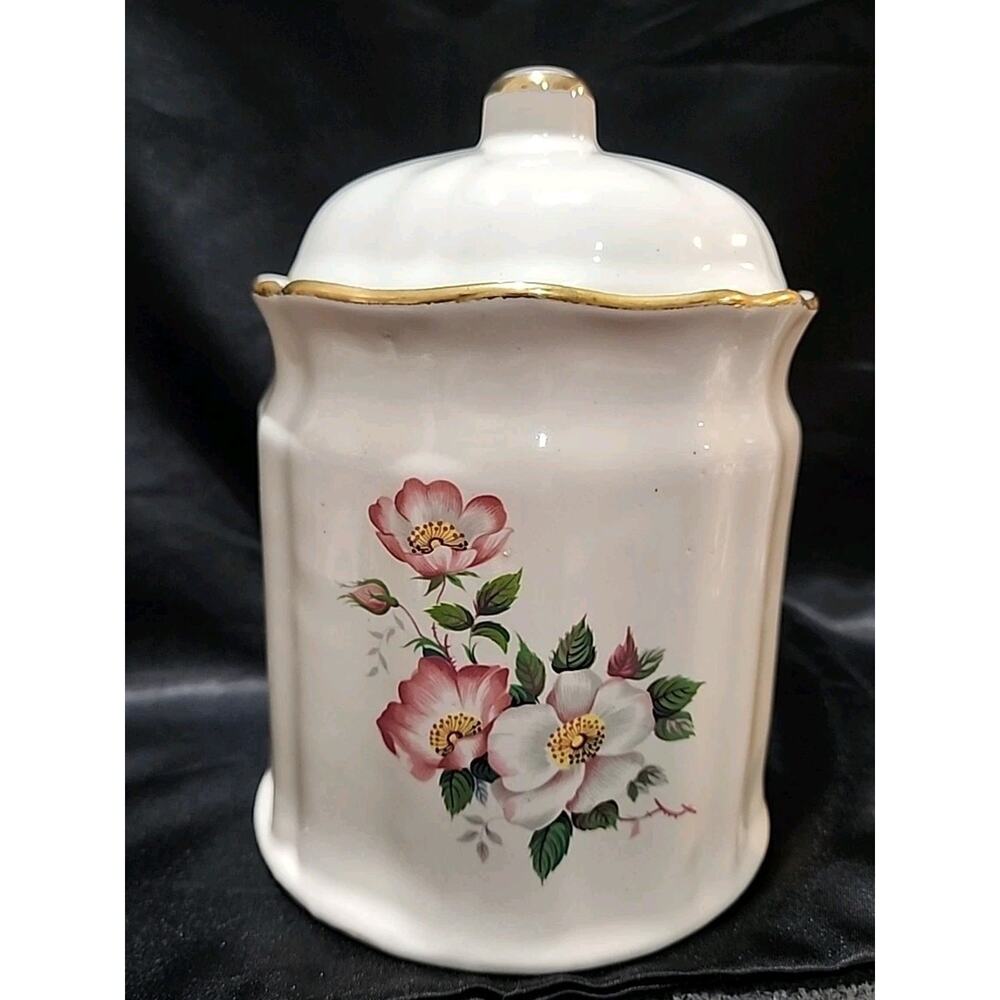 vntg House of Webster Ceramic Briar Rose Canister Cookie Biscuit Jar w/ Lid 7"